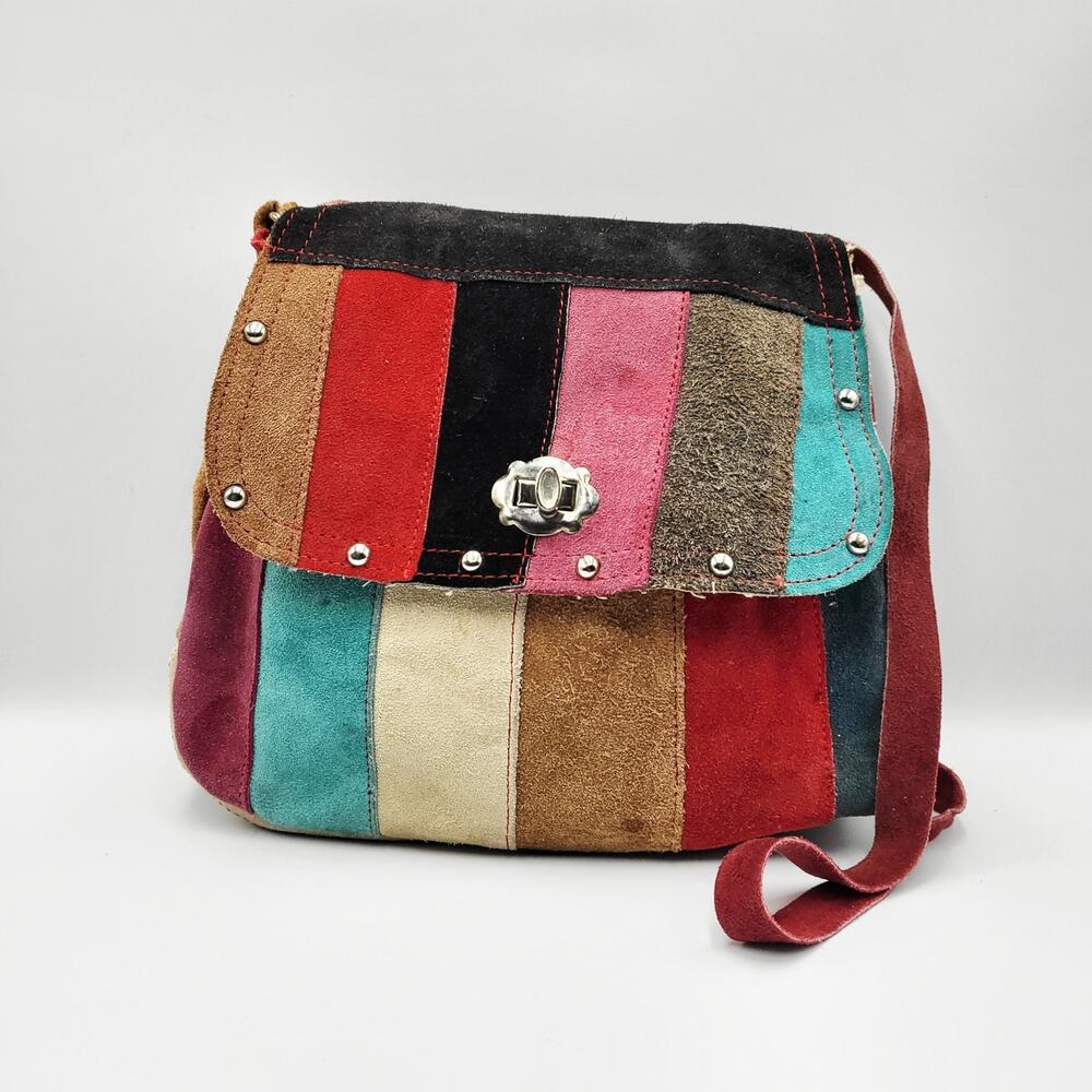 Multicolor Colorblock Suede Studded Accent Lightweight Mini Shoulder Bag Boho